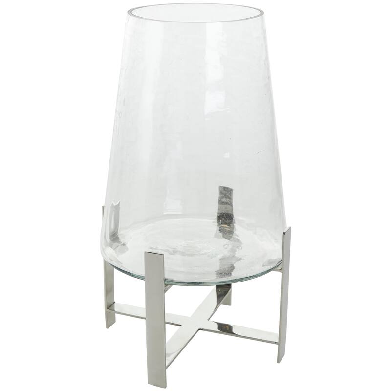 Stainless Steel Metal Hurricane Lamp with Stainless Steel X Shaped Base - Clear - Roche River Decor