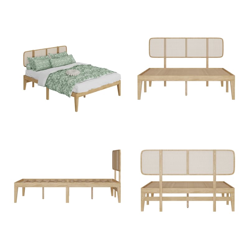 Solid Wood Platform Bed Frame with Rattan Headboard, 600 lbs Heavy Duty Support, Plywood Slats Queen / Full Size