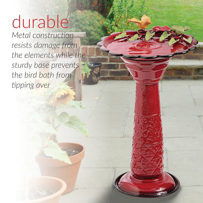 Alpine Corporation - 28" Tall Outdoor Metal Birdbath with Birds and Leaves Yard Statue Decoration, Red