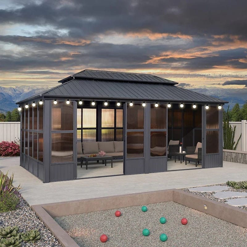 PURPLE LEAF Outdoor Galvanized Steel Hardtop Gazebo, Aluminum Frame Gazebo With Curtains - 12' x 20' - sunroom(With Ligths)
