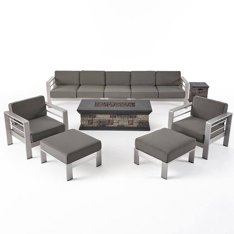 Cape Coral Outdoor 7 Seater Extended Aluminum Chat Set with Fire Pit by Christopher Knight Home