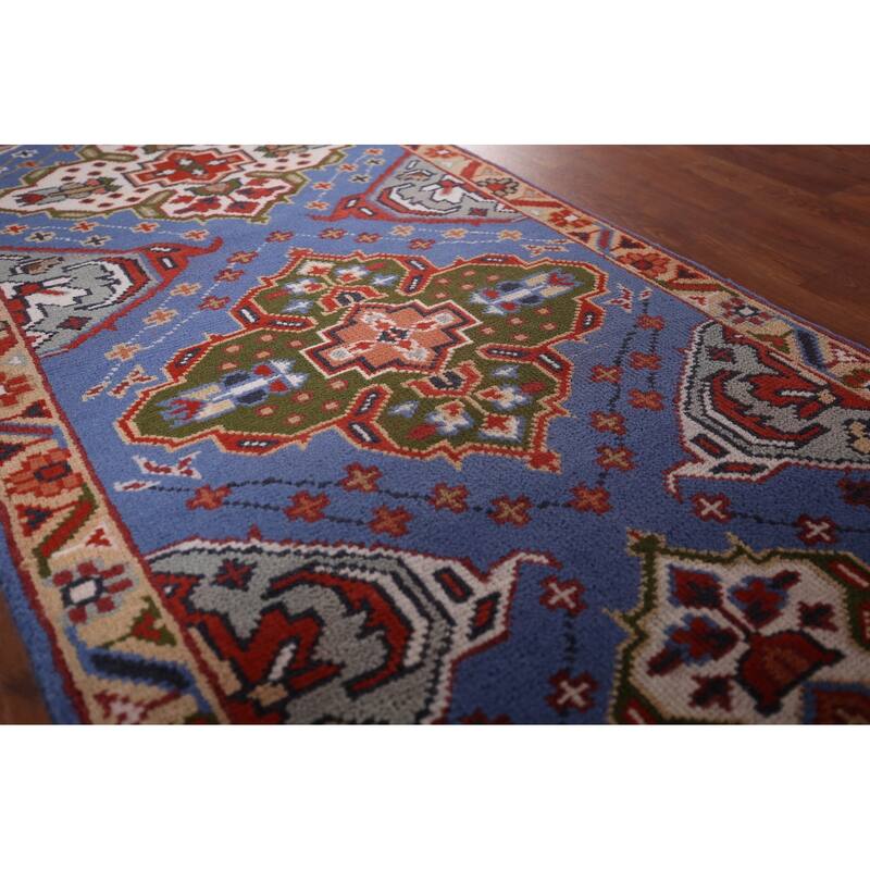 Geometric Blue Kazak Oriental Runner Rug Hand-Knotted Wool Carpet - 2'7"x 8'0"