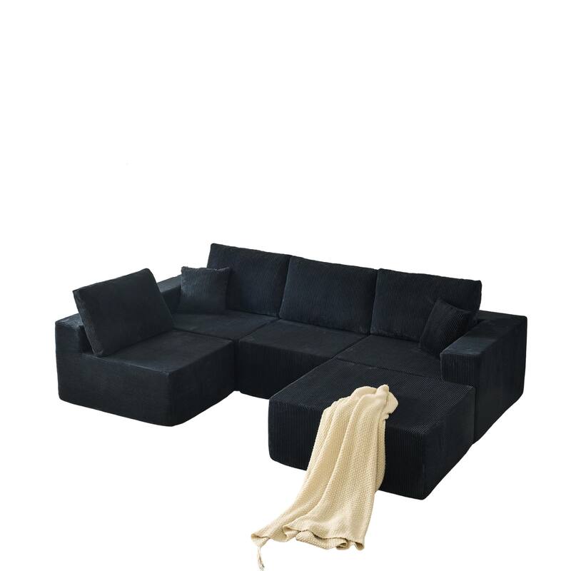Modular L Shaped Sectional Sofa with Ottoman, Corduroy Boneless Cloud Sofa, 4 Seater Compressed Sofa with 2 Pillows