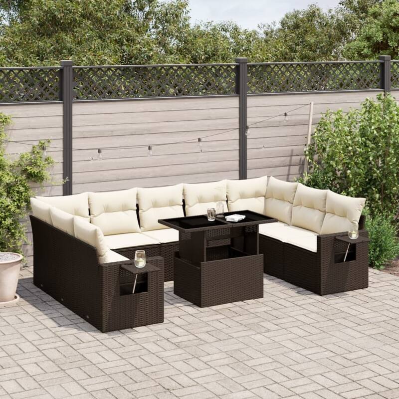 vidaXL Patio Sofa Set with Cushions Outdoor Furniture 10 Piece Poly Rattan - 21.7 x 39.4 x 28.7 - Brown and Cream-without storage