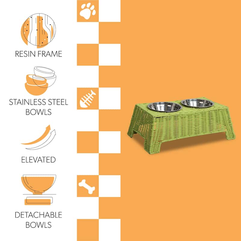 Serenity Elevated Pet Feeder 6.9" - Wicker Stand with 18oz Stainless Bowls