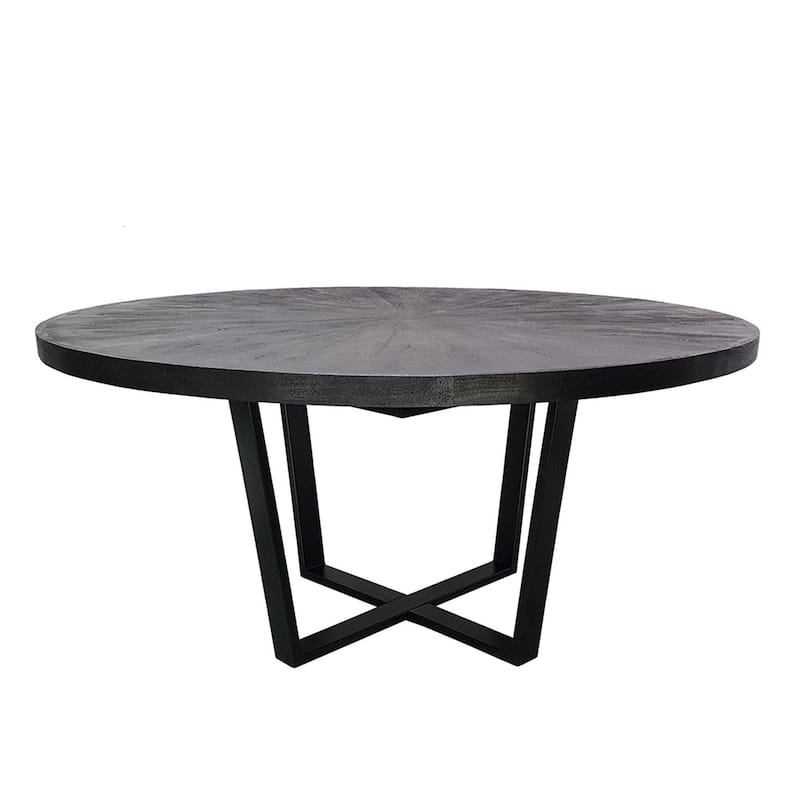 Raj 63 Inch Round Dining Table, Cross Legs Design, Black Acacia Wood, Iron