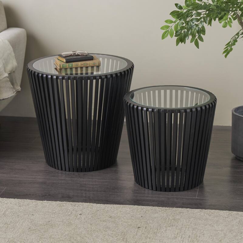 Wood Cage Inspired Accent Table with Clear Glass Tabletop - Set of 2 Black - Roche River Decor