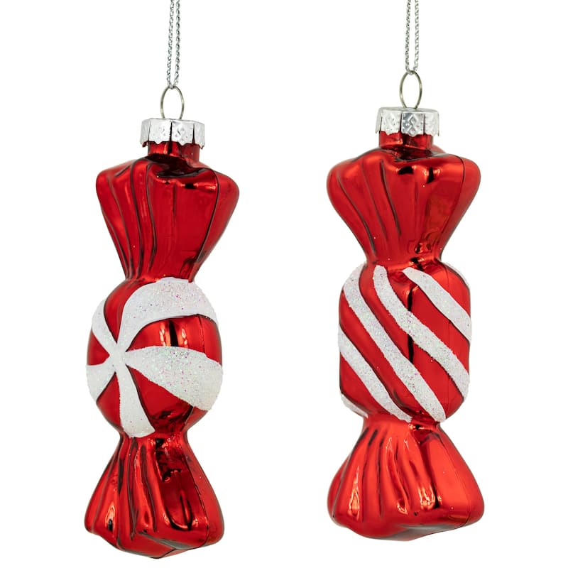 Set of 2 Shiny Red White Glittered Candy Christmas Glass Ornaments 4"