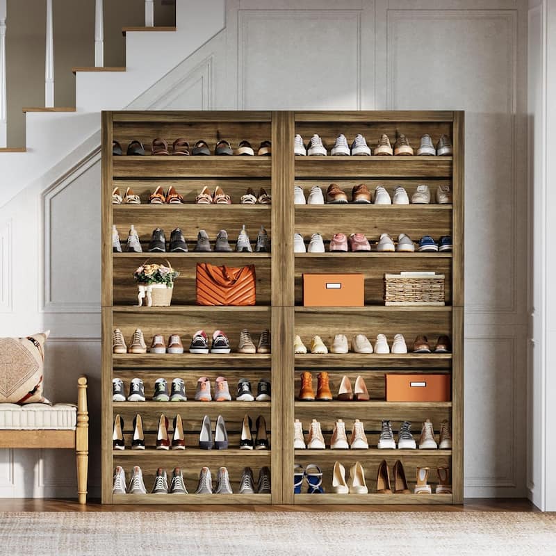 71 Inches Brown Wood Shoe Cabinet with Adjustable Shelves, 8-Tier Tall Shoe Storage Organizer for 32-36 Pairs of Shoes