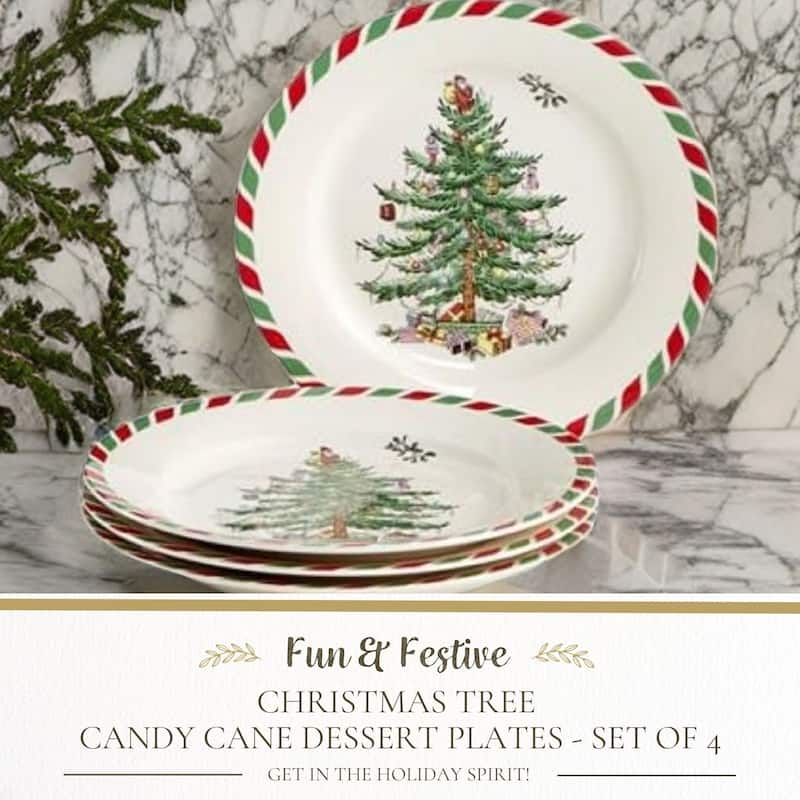 Spode Set of 4 Christmas Tree Candy Cane Dessert Plates - 8" D