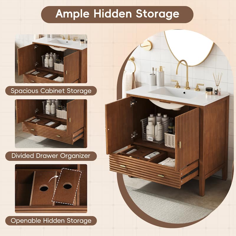 Christopher Knight Home - Mid-Century Freestanding Bathroom Vanity with Ceramic Sink, Flip-Up & Dual Drawers