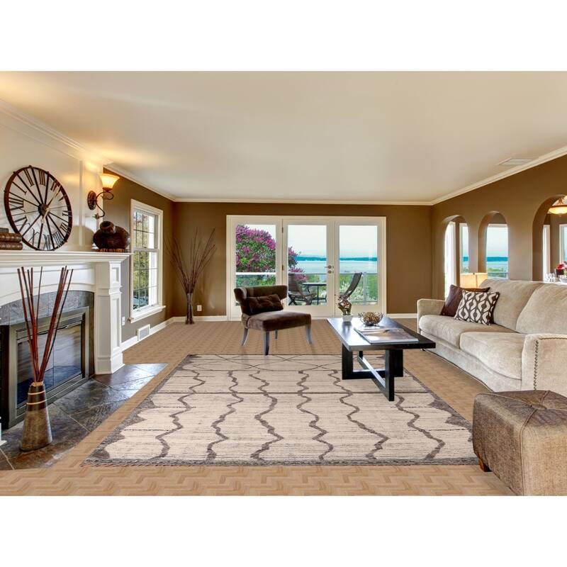 All-Over Striped Moroccan Abstract Area Rug Hand-Knotted Wool Carpet - 7'8"x 10'10"