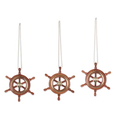 NOVICA Handmade Ahoy! Wood And Brass Ornaments (Set Of 3) - 0.5" D