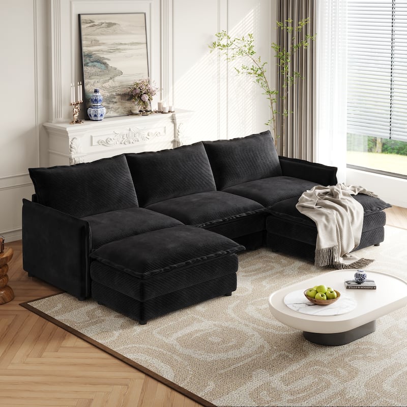 109" Corduroy 3-Seater Cloud Sectional Sofa with 2 Ottomans