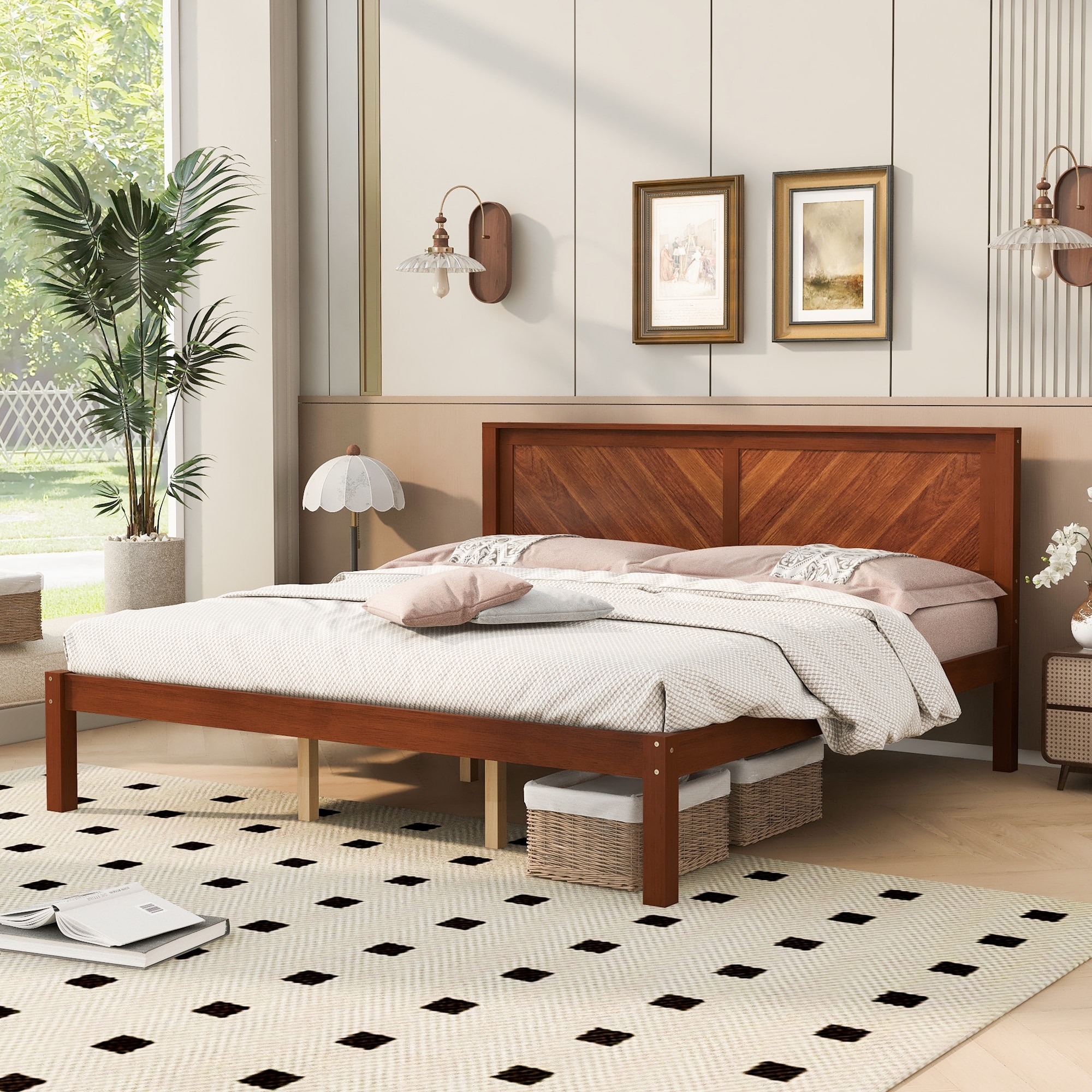 King Size Wood Platform Bed Frame Panel Bed with Wood Legs