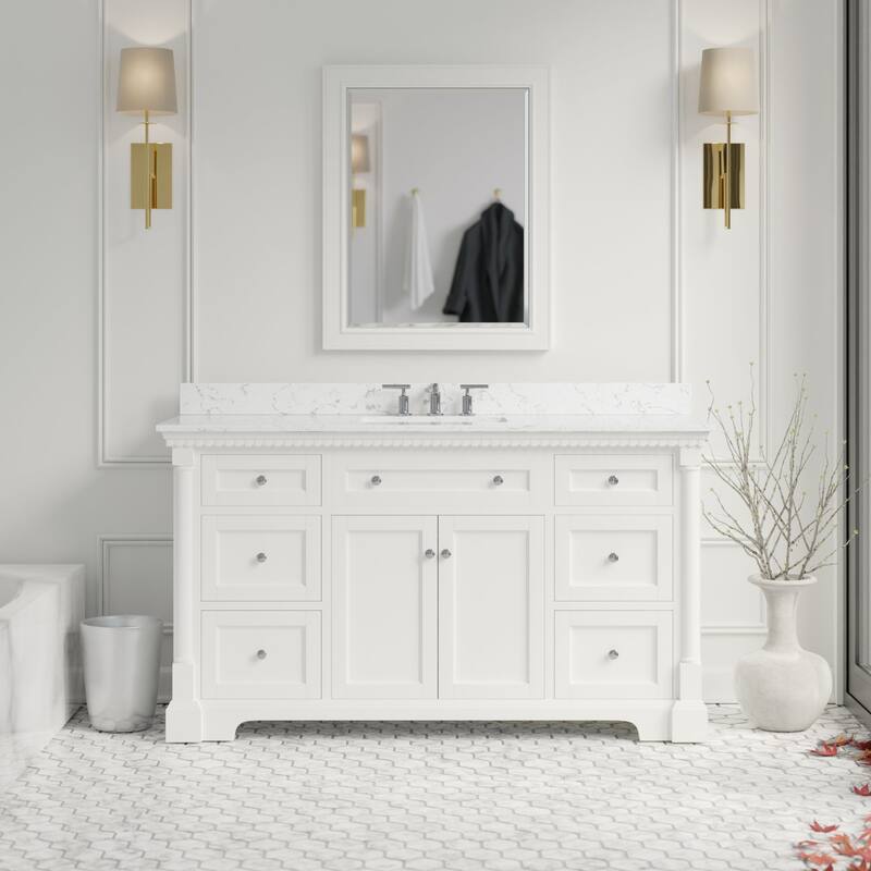KitchenBathCollection Sydney 60" Single Bathroom Vanity with Engineered Marble Top - White