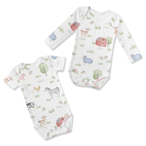 slide 2 of 6, Sweet Jojo Designs Farm Animals Boy Girl Gender Neutral Unisex 6-12M Baby Clothes Bodysuits 2 Pack Set Watercolor Farmhouse Barn