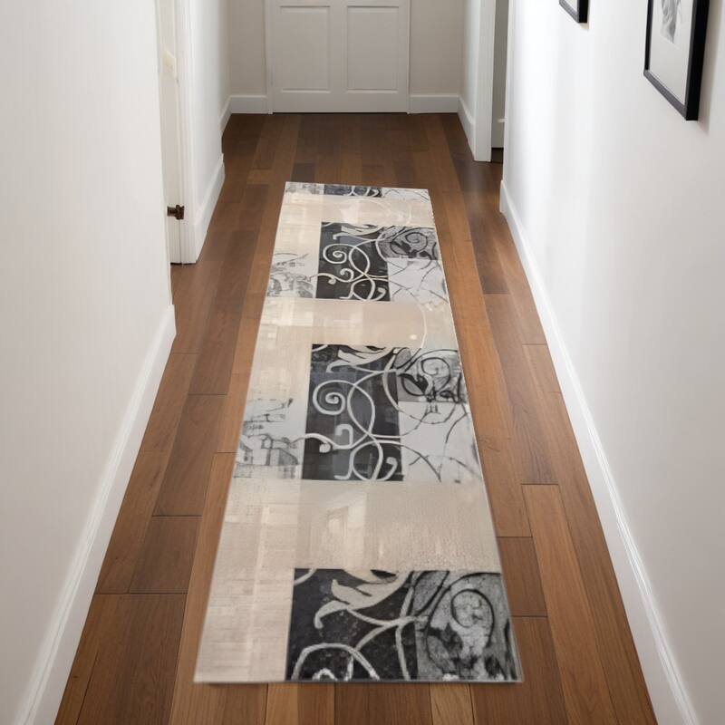Gesuy Power Loomed Abstract Floral Non Skid Stain Resistant Area Rug By HomeRoots - 90' X '26' X '0.5 - 90' X '26' X '0.5 - Black - Runner