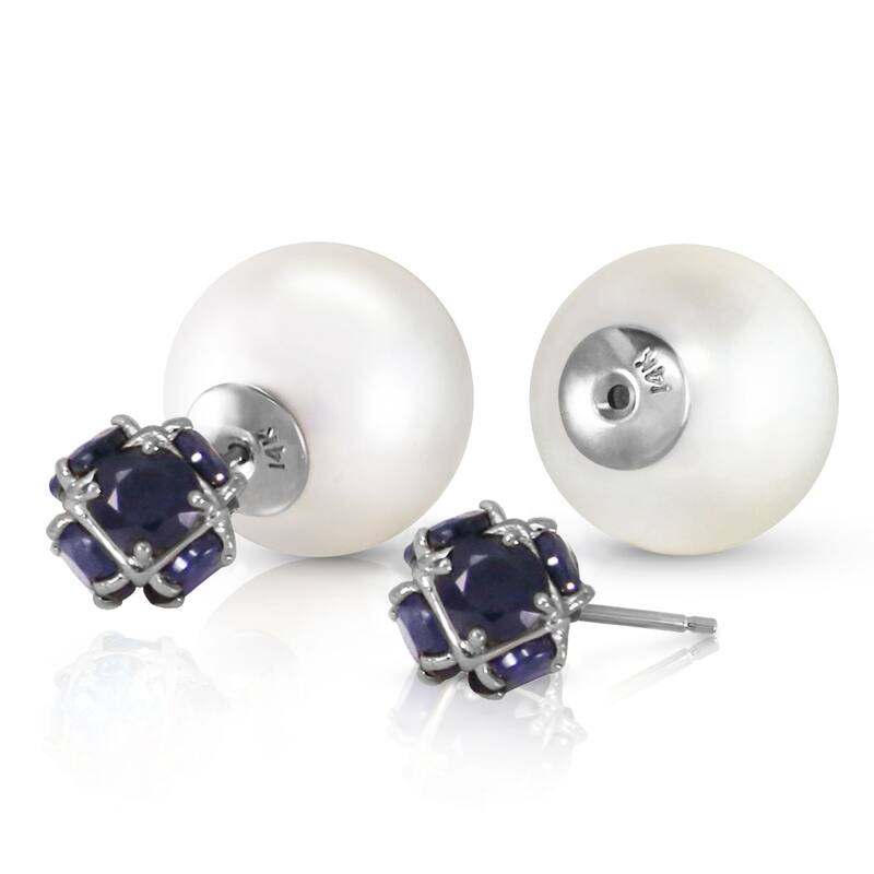 14K Solid Gold Tribal Double Shell Pearls And Sapphires Stud Earrings