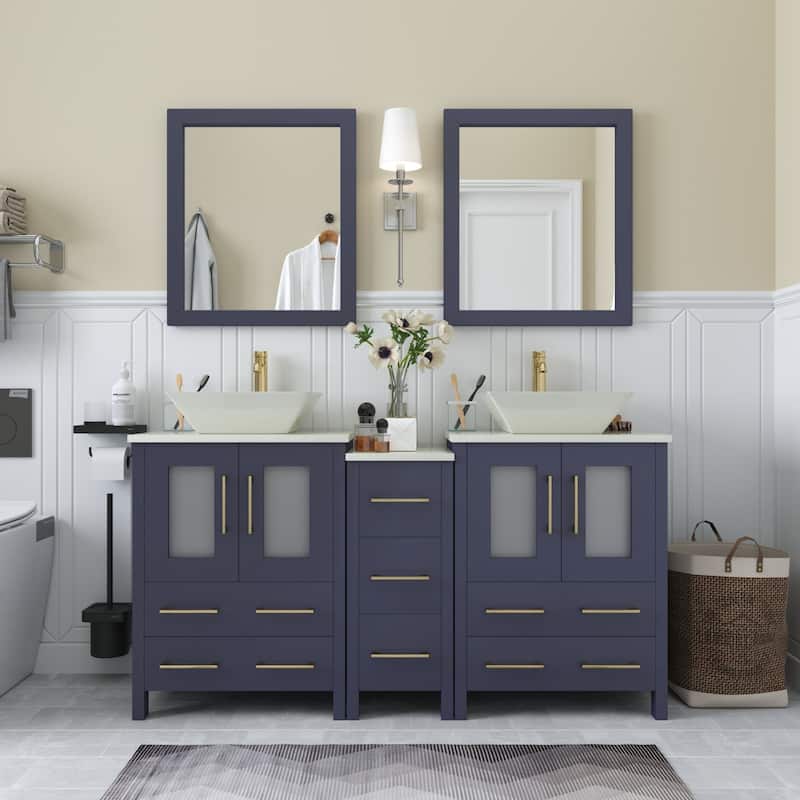 Vanity Art 60" Double Sink Bathroom Vanity Set with Engineered Marble Top and Free Mirror - 60 W X 18.5 D X 31.1 H - Blue