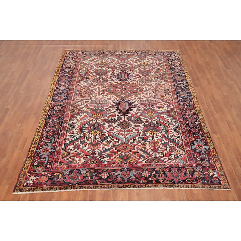 Hand Knotted Oriental 100% Wool Carpet Traditional Geometric Beige & Ivories Heriz Area Rug - 9' 7'' X 7' 5''