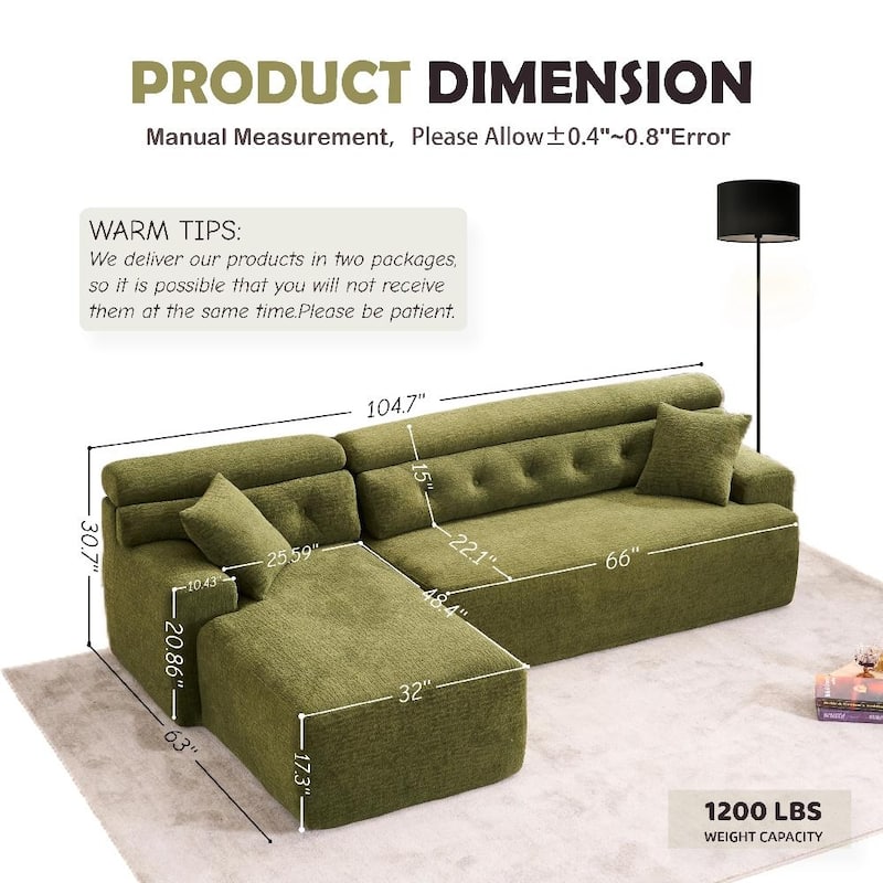 Full Compression Sponge L-Shape No-Assembly Chenille Convertible Chaise Sectional Sofa