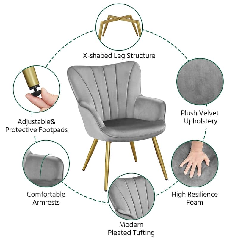 Yaheetech Modern Pleated Curved Back Velvet Accent Chair Modern Armchair for Living Room