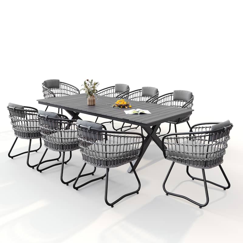 9PC Outdoor Patio Aluminum X-Frame Dining Set Table with Rattan Chairs Umbrella Hole - Table-Grey&Chair-Grey