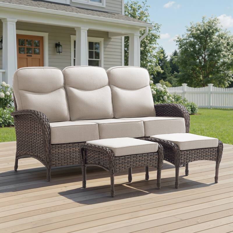 Luna 3-Seat Wicker Patio Sofa with 6-Inch Thick Cushions and 2 Ottomans