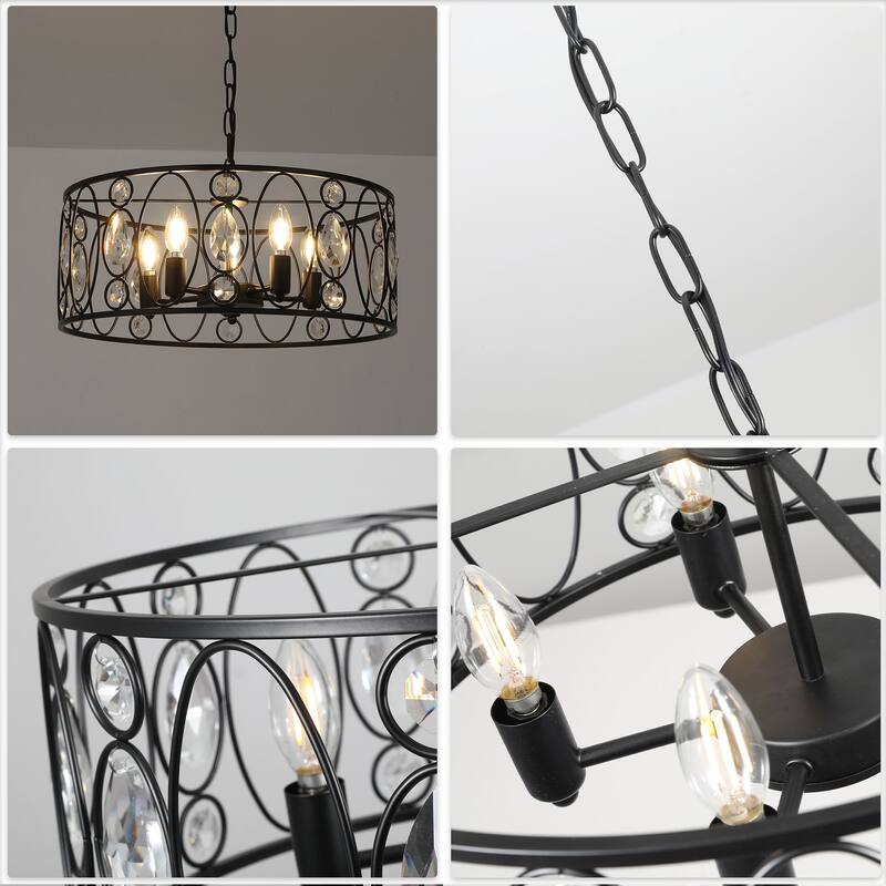 CurveCurio 20" Luxury Matte Black Vintage Caged Chandelier w Crystal Accent, 5-Light and 70" Adjustable Hanging Chain