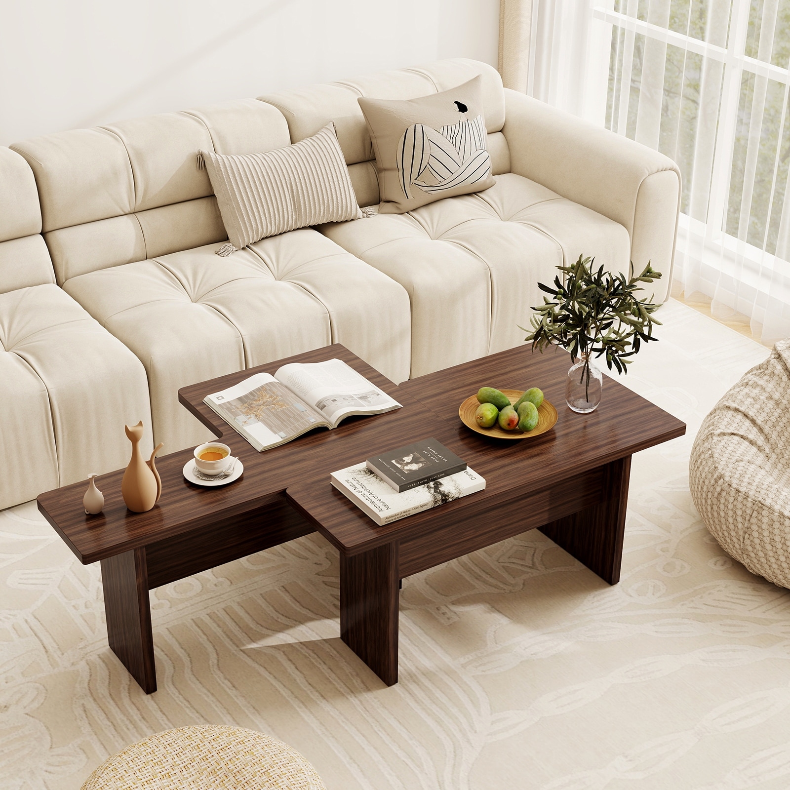 Gymax Modular Coffee Table Set of 2 L Shaped Center Tables for
