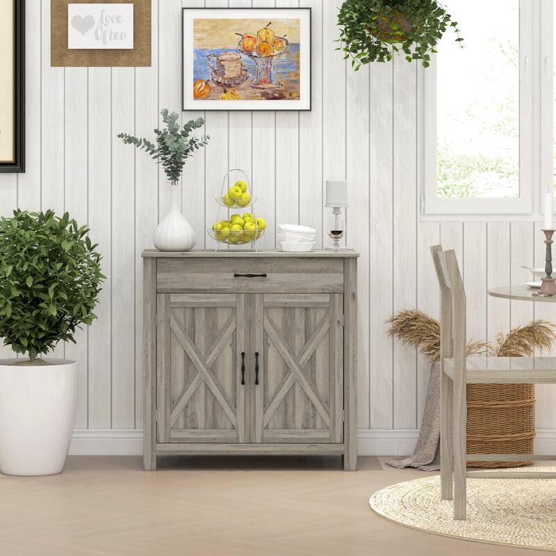 Farmhouse Buffet Cabinet with Barn Door, Drawer and Adjustable Shelf for Living Room, Entryway