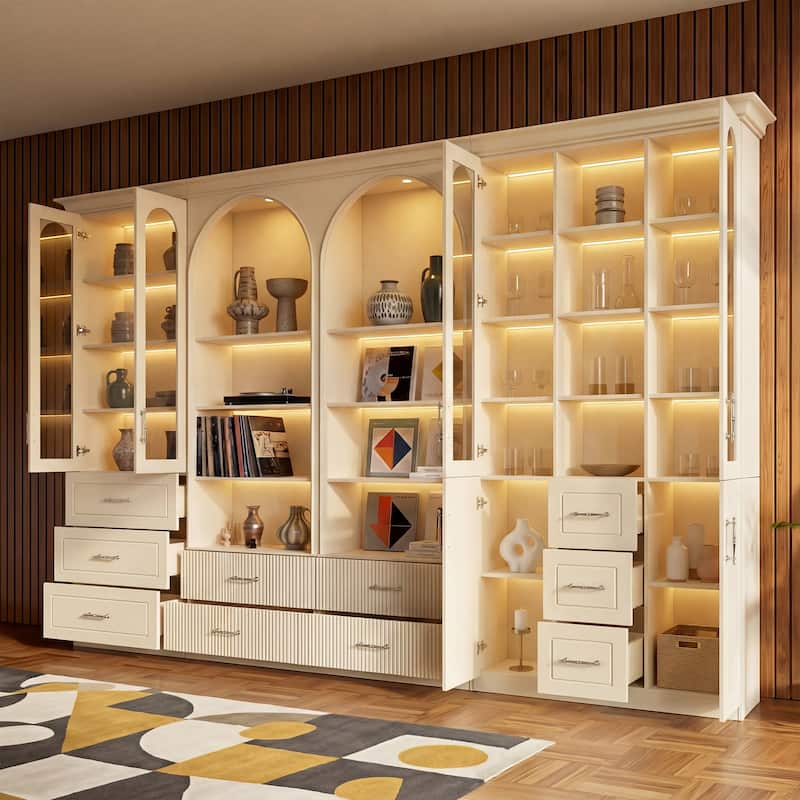 Modular Bookcase with LED Lights, Glass Door Storage Cabinet with Drawers, Large Display Shelving Unit Sideboard