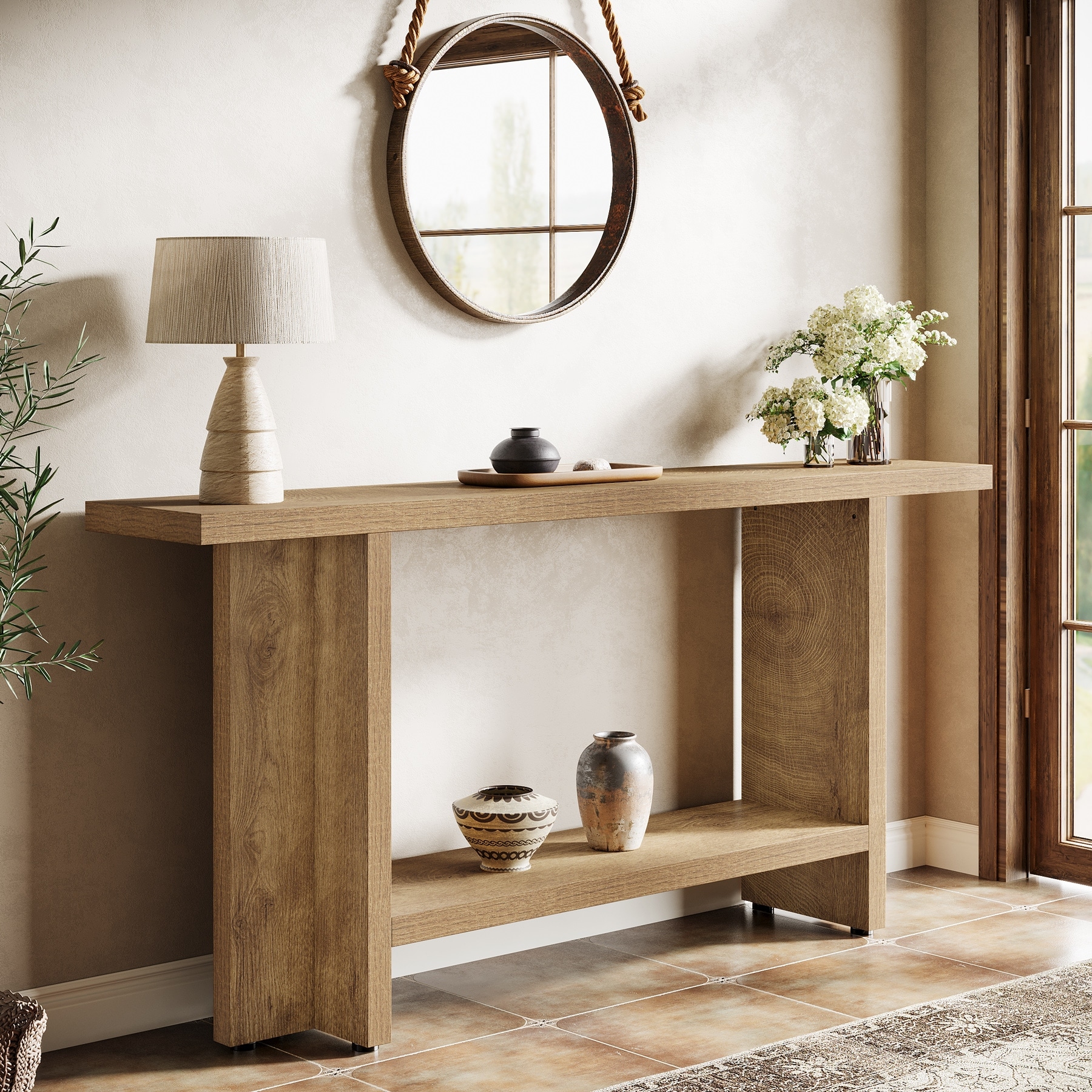 59" Farmhouse Console Table with Storage Shelf for Entryway