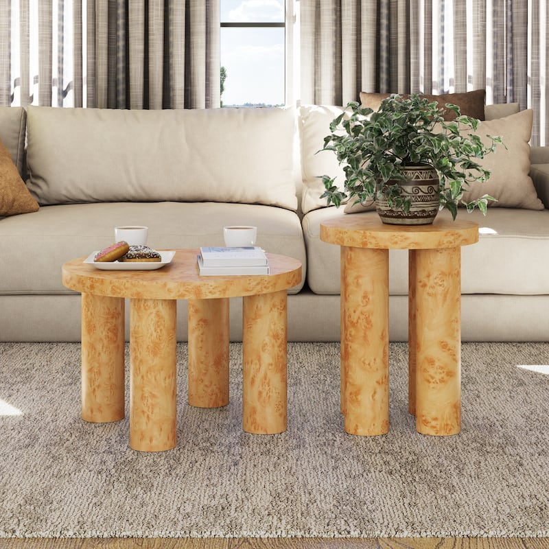 COZAYH Farmhouse Round Nesting Coffee Table Set of 2, Modern Rustic Pillar-Leg Accent Tables with Burl Wood Finish