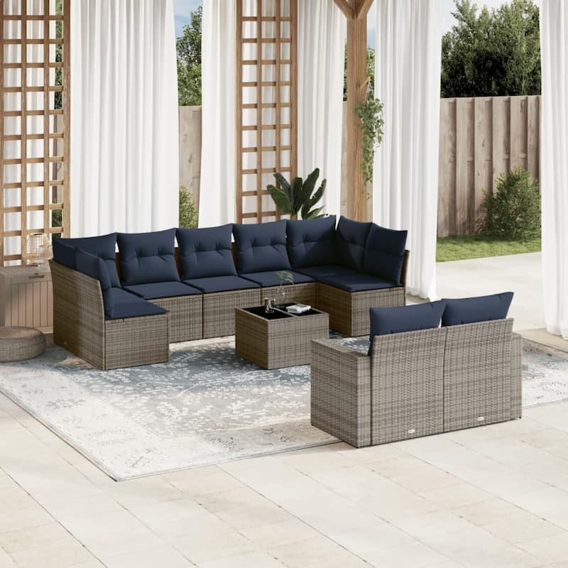 vidaXL 10 Piece Patio Sofa Set with Cushions Poly Rattan (US only) - Grey - 24.4x33.5x24.4