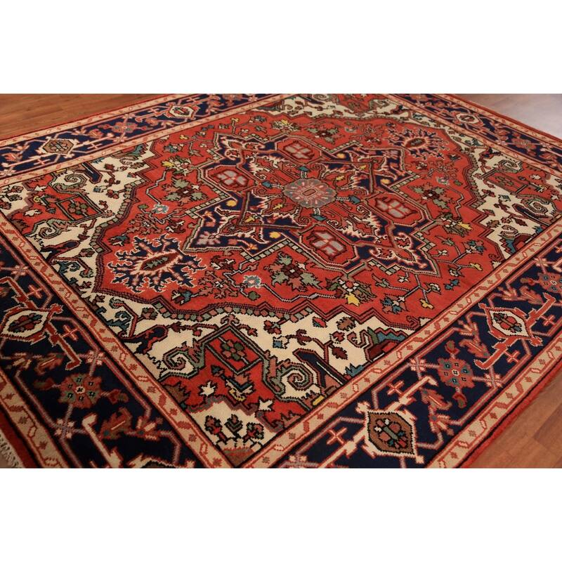 Orange Geometric Heriz Serapi Indian Area Rug Handmade Wool Carpet - 7'11"x 9'10"