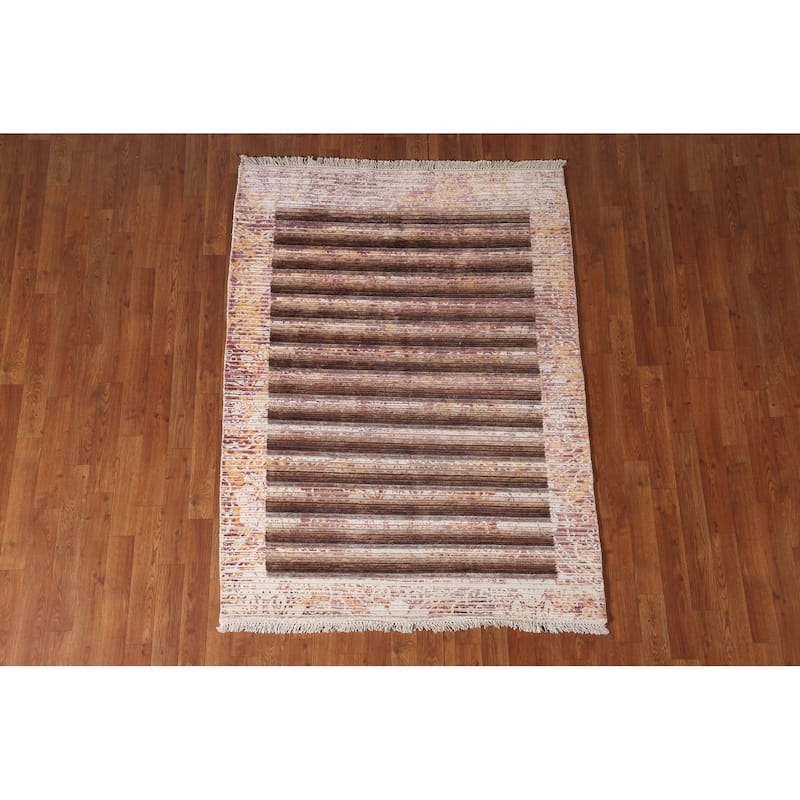 Striped Abstract Modern Accent Rug Hand-Knotted Brown Wool Carpet - 4'1"x 5'7"