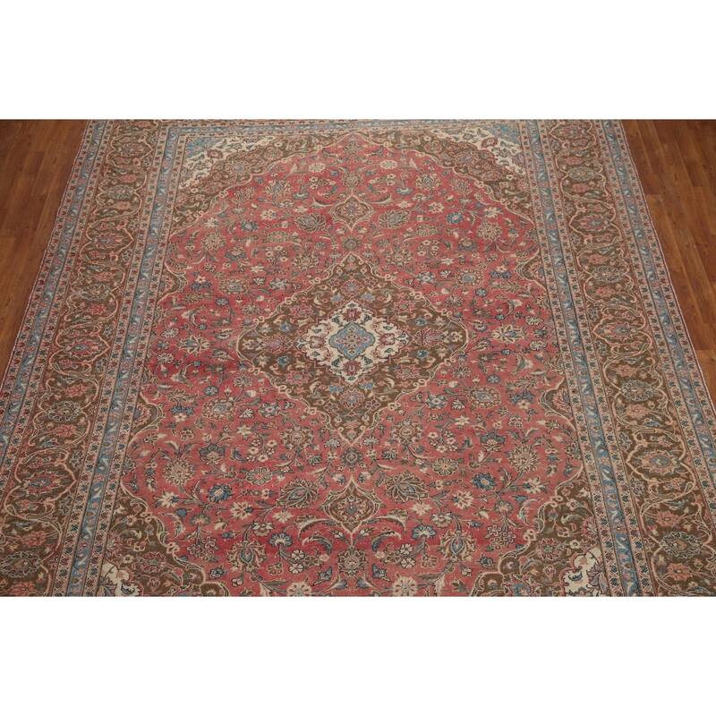 Hand Knotted Oriental 100% Wool Carpet Traditional Floral Pink Kashan Area Rug - 12' 11'' X 9' 7''