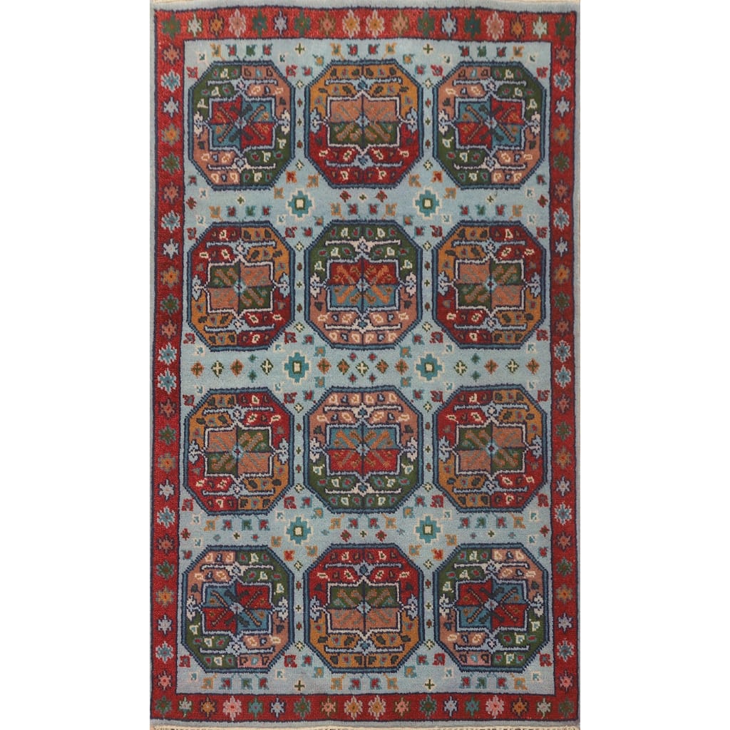 Hand-knotted Traditional Wool Blue Geometric Area Rug Oriental Carpet - 5' 9'' X 3' 10''