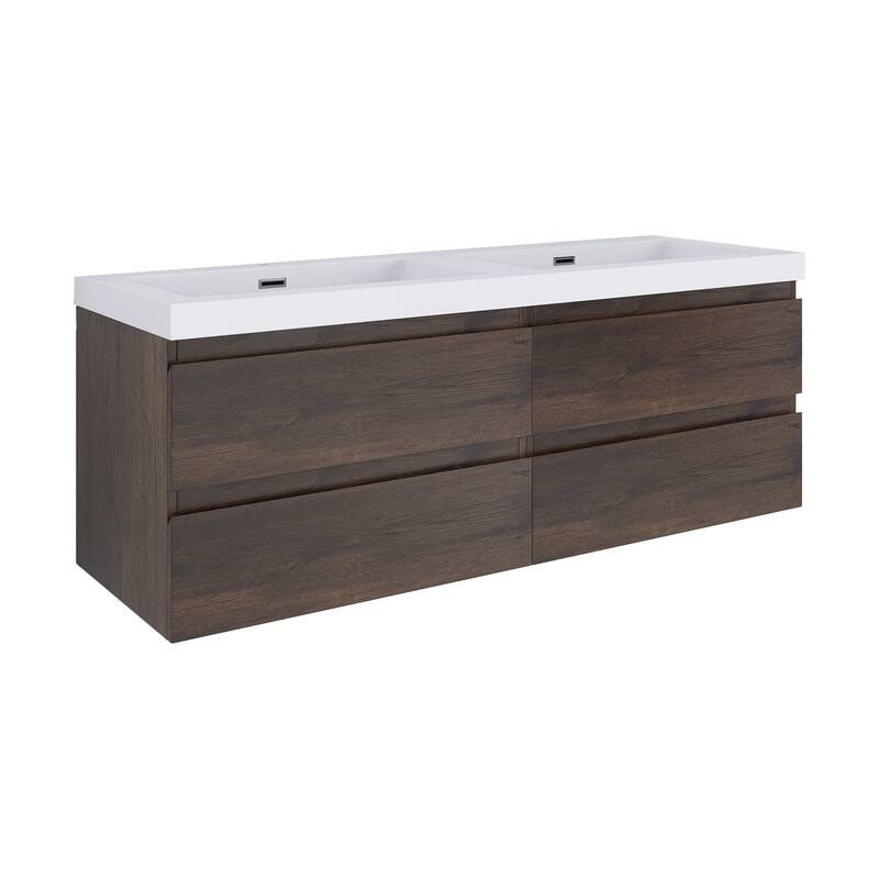 MDF Wall-Mounted Bathroom Vanity Set in Rose Wood with Integrated Culture Marble Sink