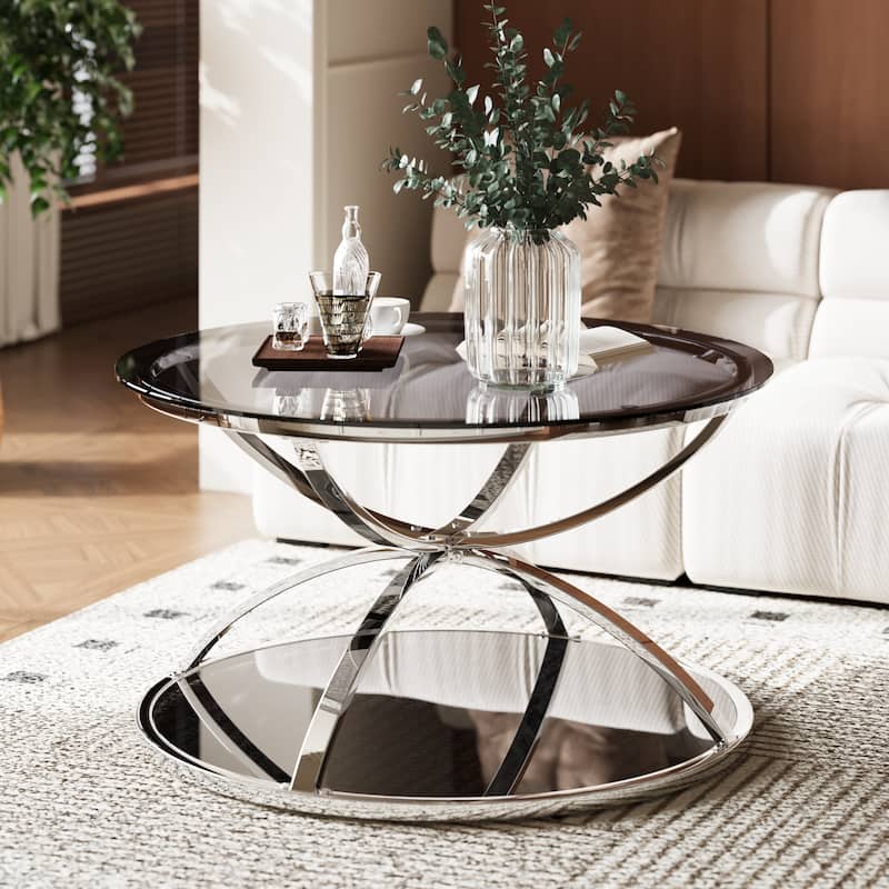 Modern 2 Tiers Glass Coffee Table with Ring-Shaped Metal Frames - Gray+Chrome(31.5" Round)