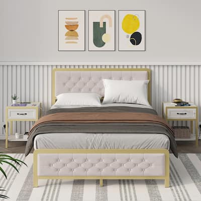 Upholstered Platform Bed Frame with Velvet Button-Tufted Headboard