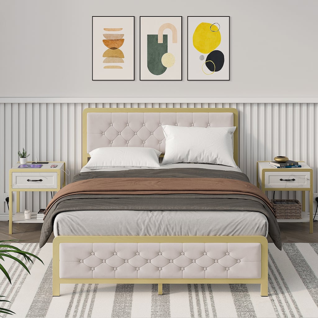 Upholstered Platform Bed Frame with Velvet Button-Tufted Headboard