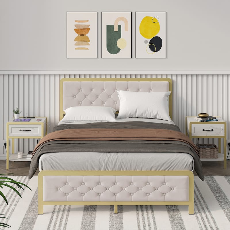 Upholstered Platform Bed Frame with Velvet Button-Tufted Headboard