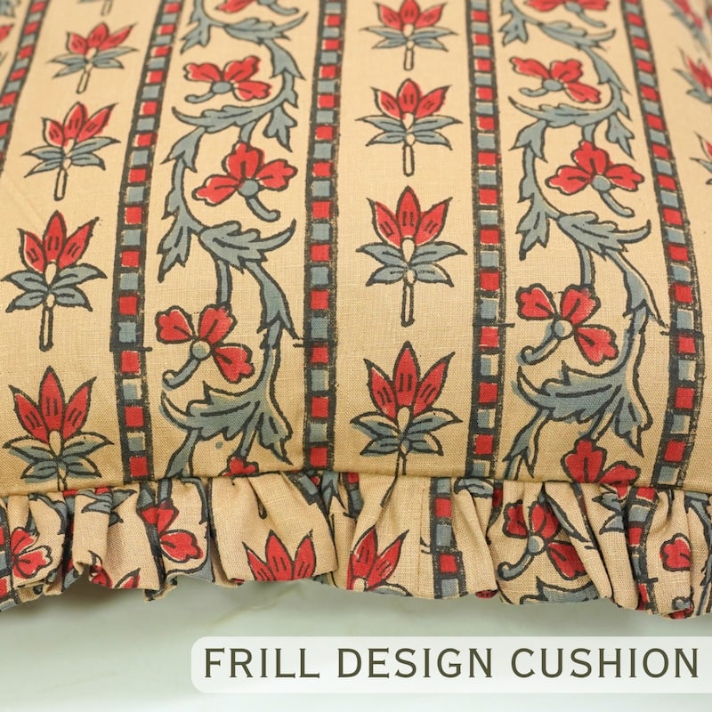 Fabdivine Viscose Linen Floral Frill Pillow Cover Both Side Print Hand Block Cushion