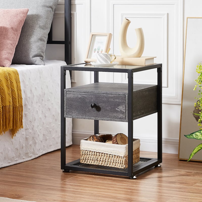 VECELO Modern Square Nightstands Set of 2 with Tempered Glass Top