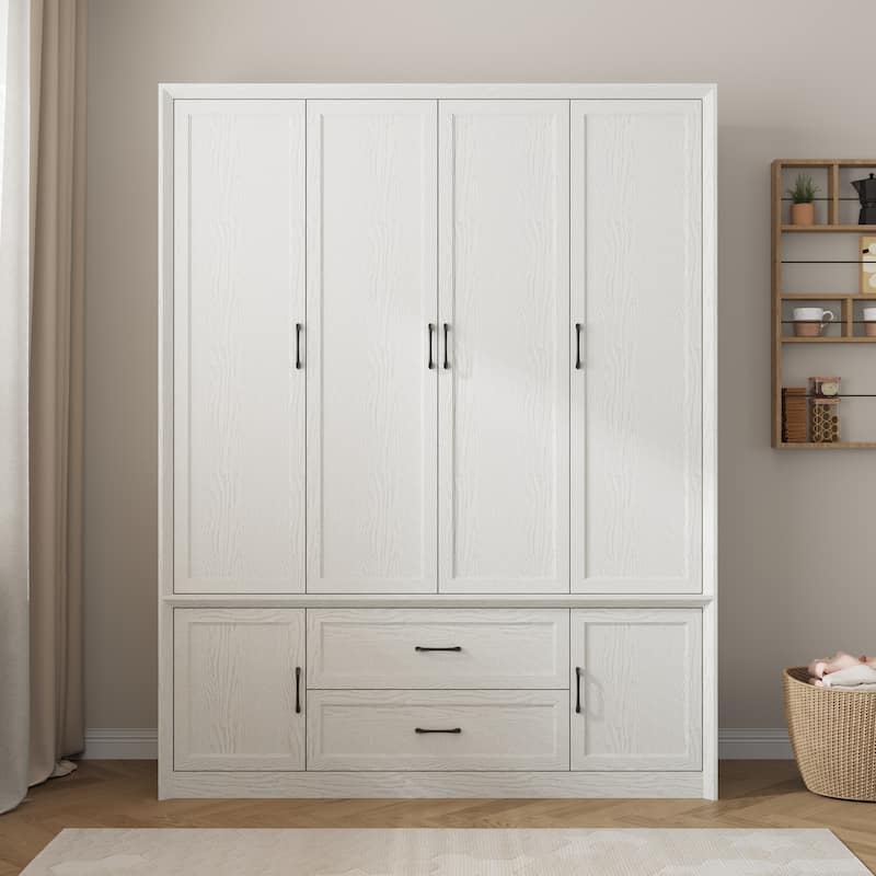6 Doors Wardrobe Closet Armoire with Hanging Rail White/Brown Large Cabinet - White Wood