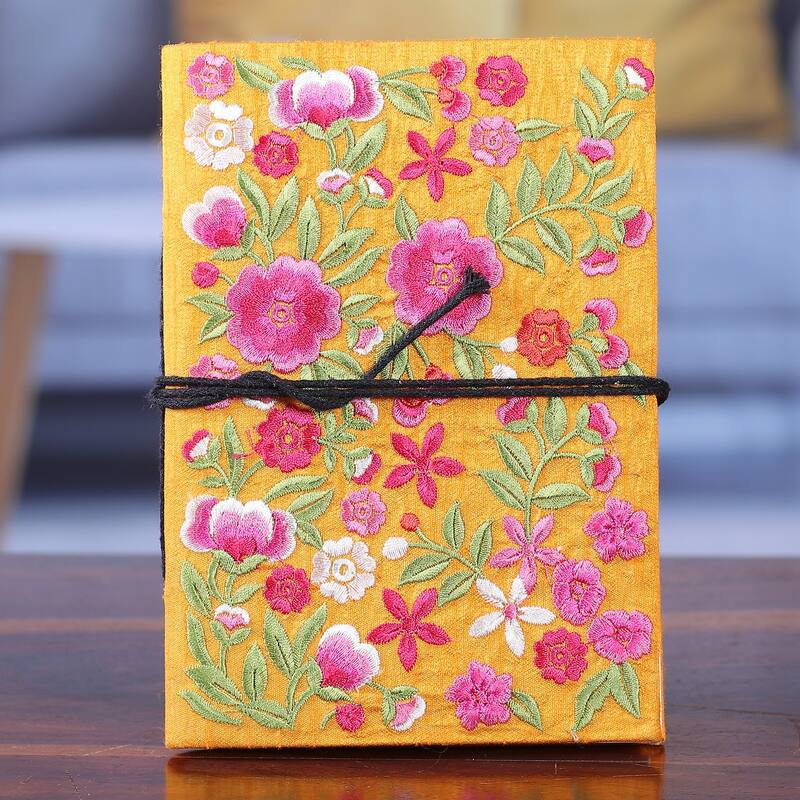 Novica Handmade Saffron Of Blossoms Rayon Embroidered Journal