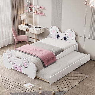 Twin Size Platform Bed with Cartoon Shaped Headboard & Trundle